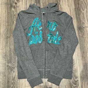Aeropostale Gray Zip-Up Hoodie with Sequin Text